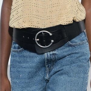 Nwt- Zara-Leather Belt with Piercing Round Silver Buckle-Sz 85